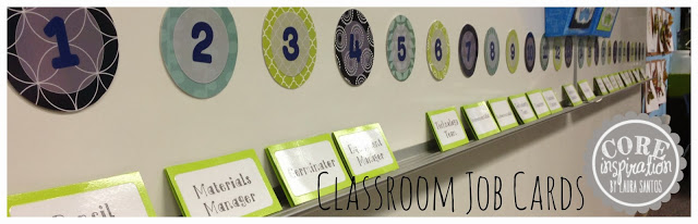 Classroom job board with student numbers and job cards. 