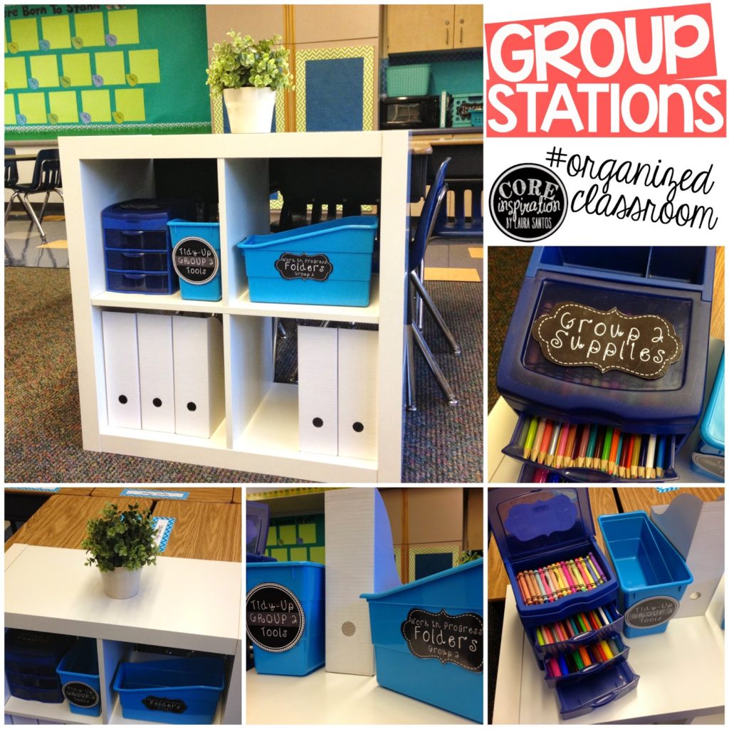 Core Inspiration group stations with book bins, work in progress bins, supply drawers, and tidy up tools