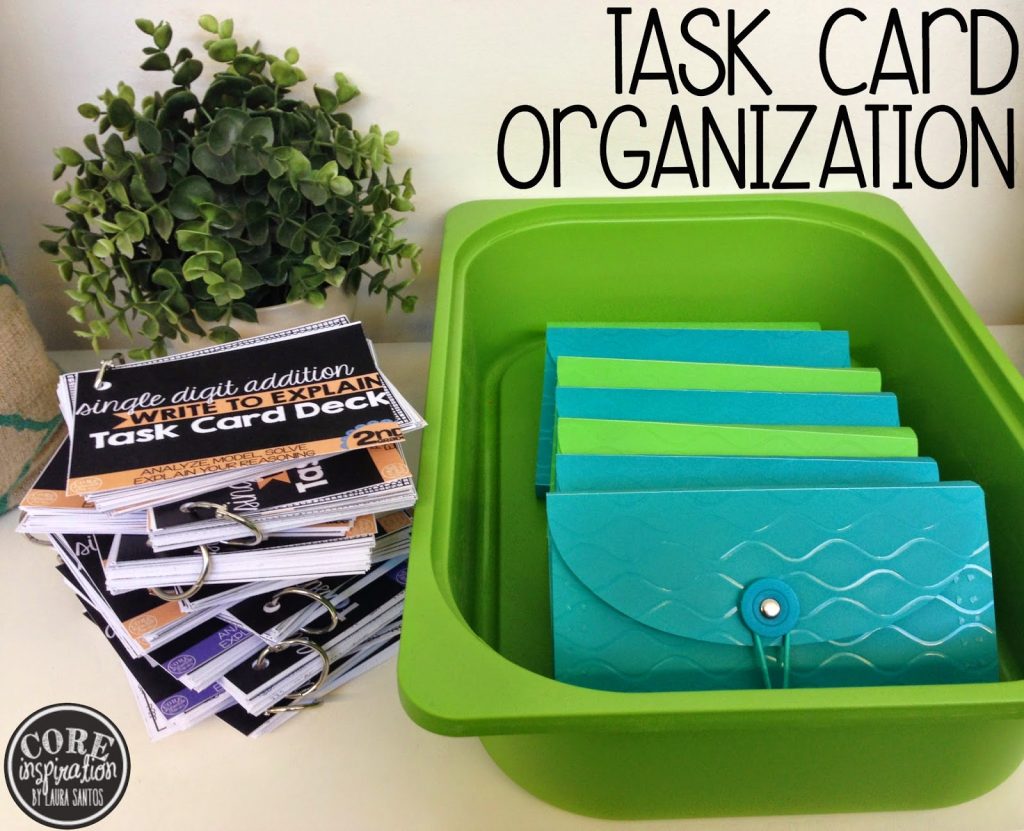 Math task cards organized in index card holders from Dollar Tree