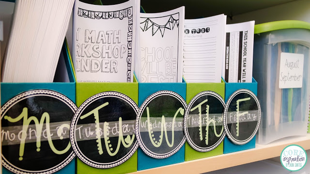 Core Inspiration weekly copy bins in classroom. 