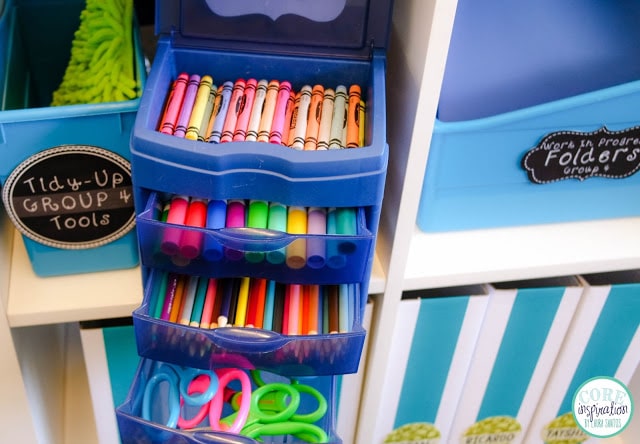 Core Inspiration uses Sterilite mini drawers for organizing group supplies in the classroom. 