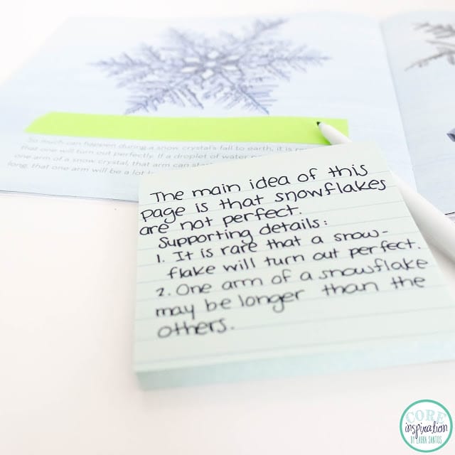 Post it pad with main idea and supporting details from informational text.