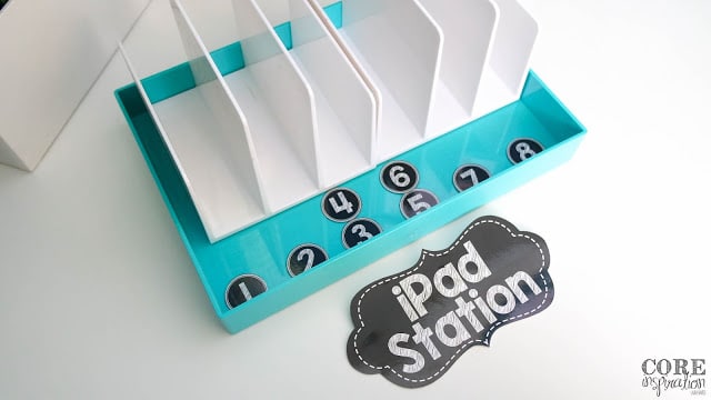 This iPad Station uses an aqua tray and white letter organizer to keep iPads safe and organized. 