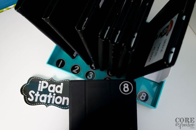 Overhead view of iPad station in classroom. 