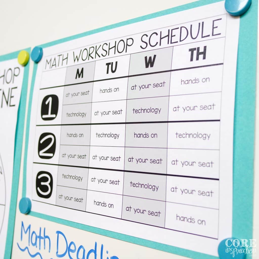 Core Inspiration Differentiated Math Workshop Schedule hanging on whiteboard 