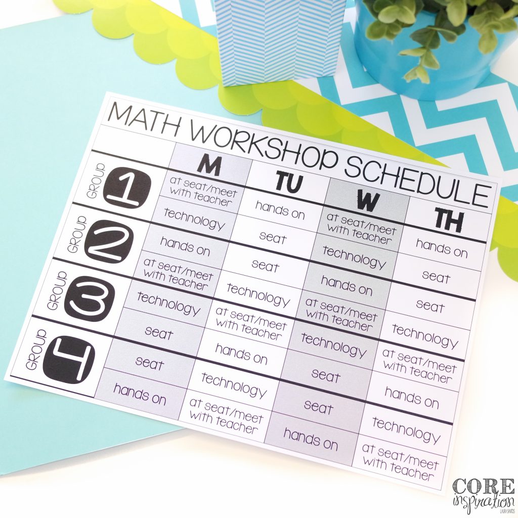 Using four math groups for M.A.T.H. Workshop allows for a targeted schedule and make pre planning easier. 