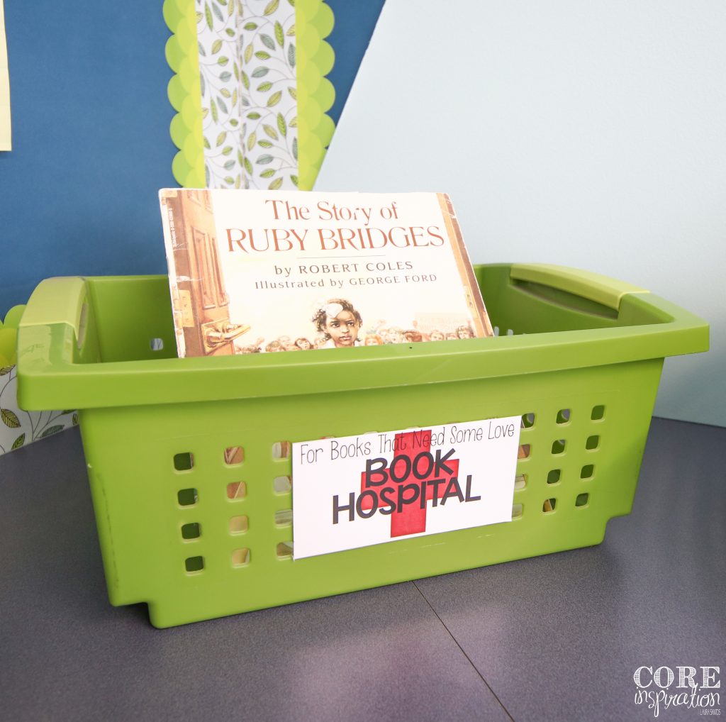 Classroom library book hospital bin. Where damaged books get placed. 