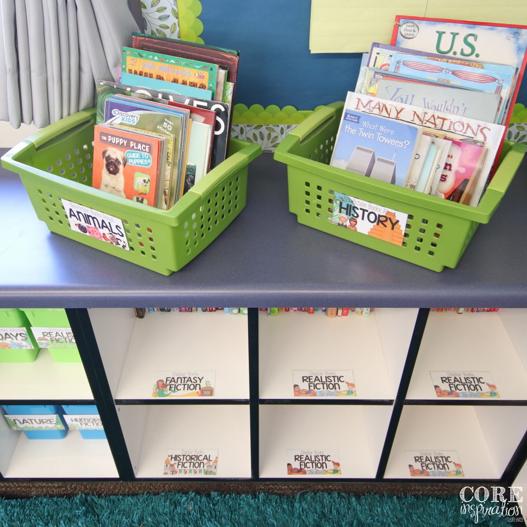 Bins and shelves in elementary classroom library. 