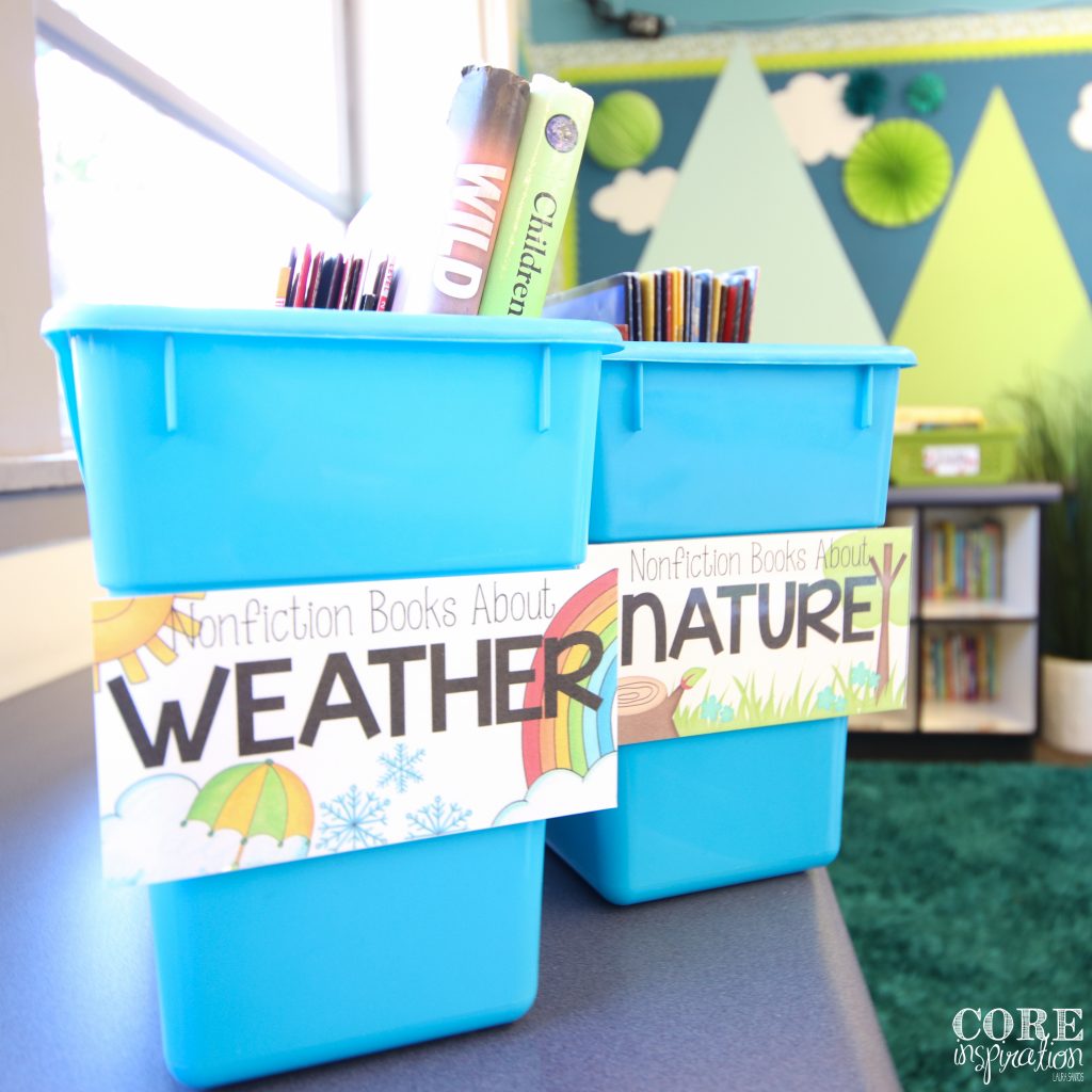 Really Good Stuff magazine bins used for classroom library picture book storage. 