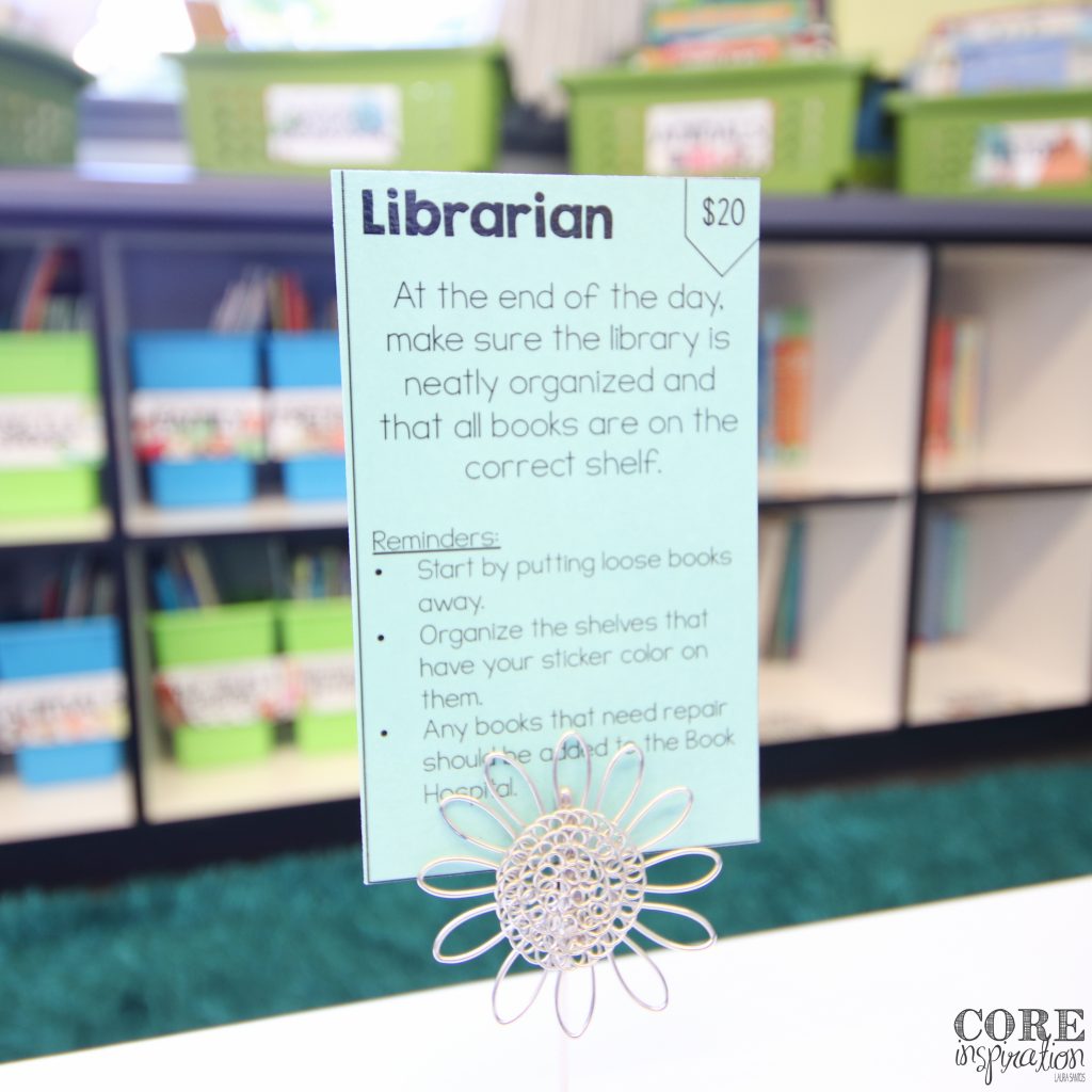 Classroom librarian job cards for class jobs.