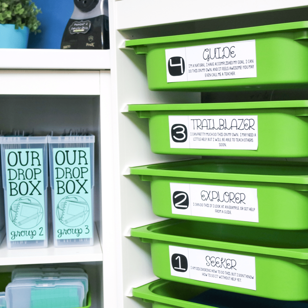 Close up shot of green drawers with levels of understanding rubric labels