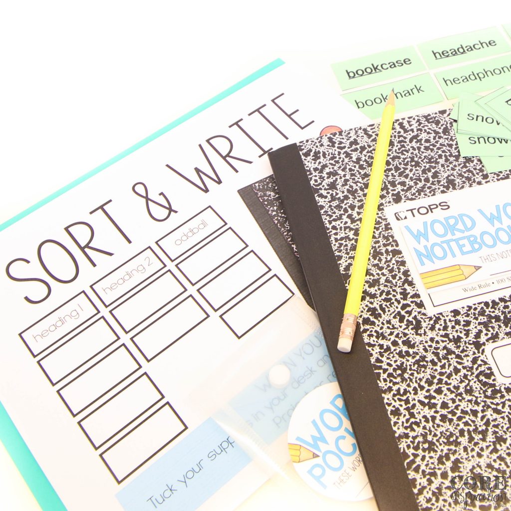 Sort and write slide with student sample of sort and write in word work notebook