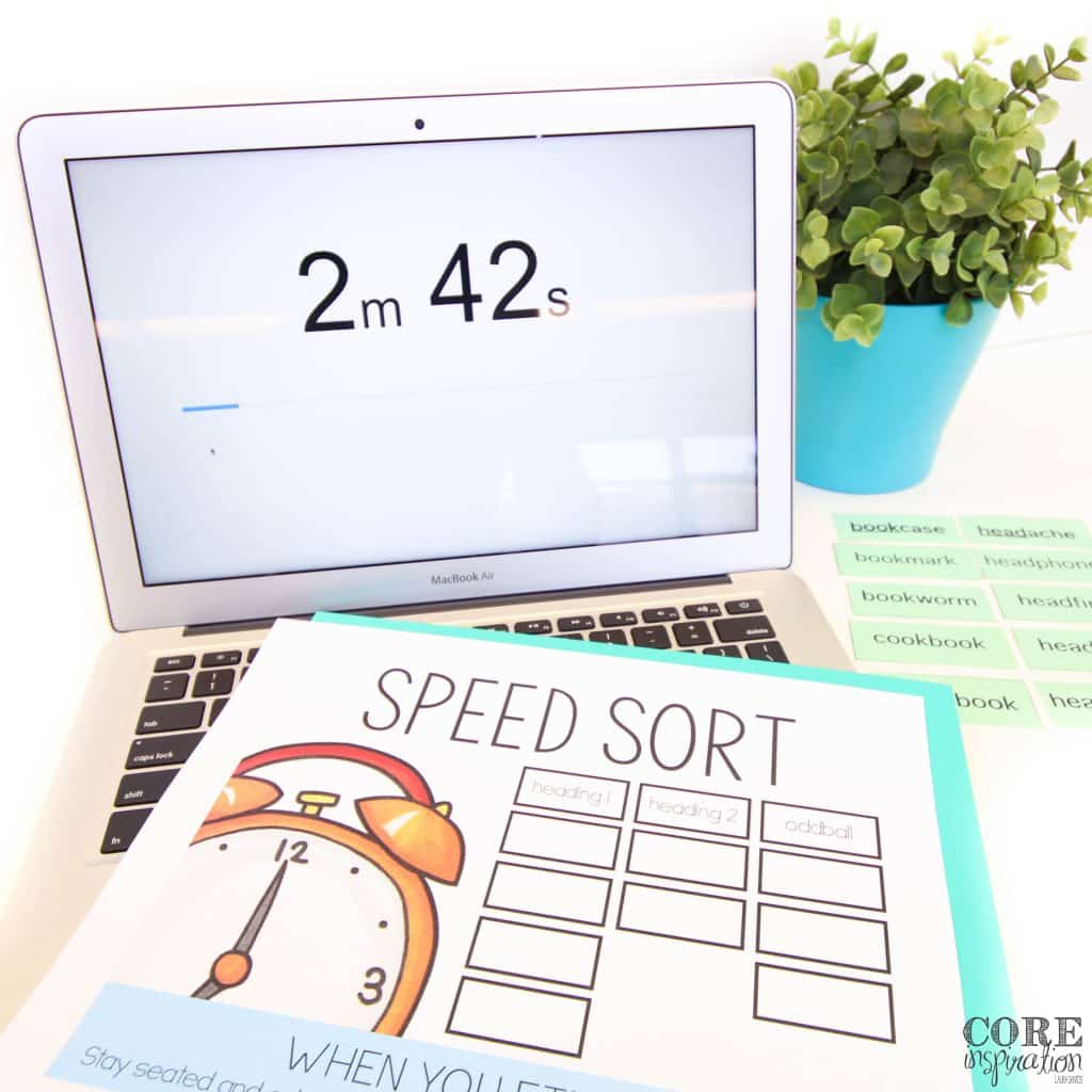 Speed sort Words Their Way activities card with Google timer in background