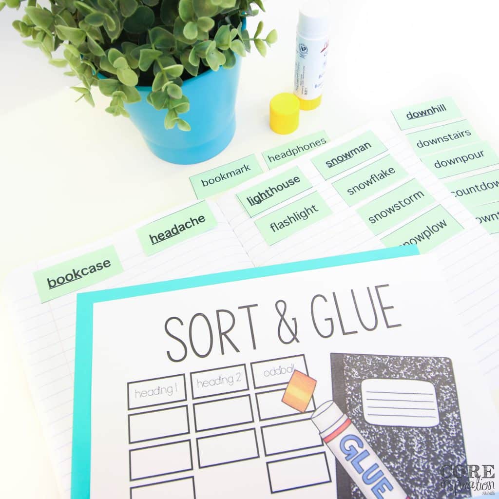 Sort and glue activity slide with sorted words and glue stick. 
