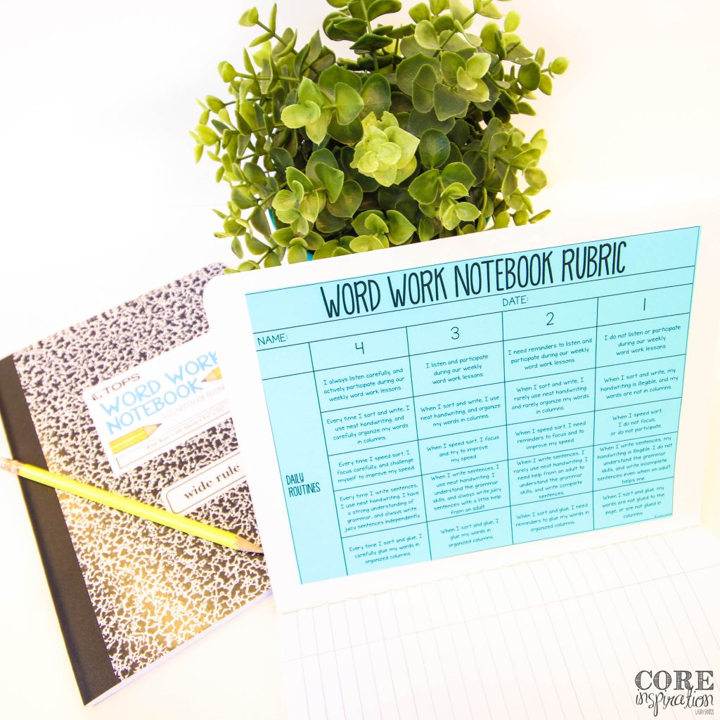 Word Work Rubric for student reflection in word work notebook