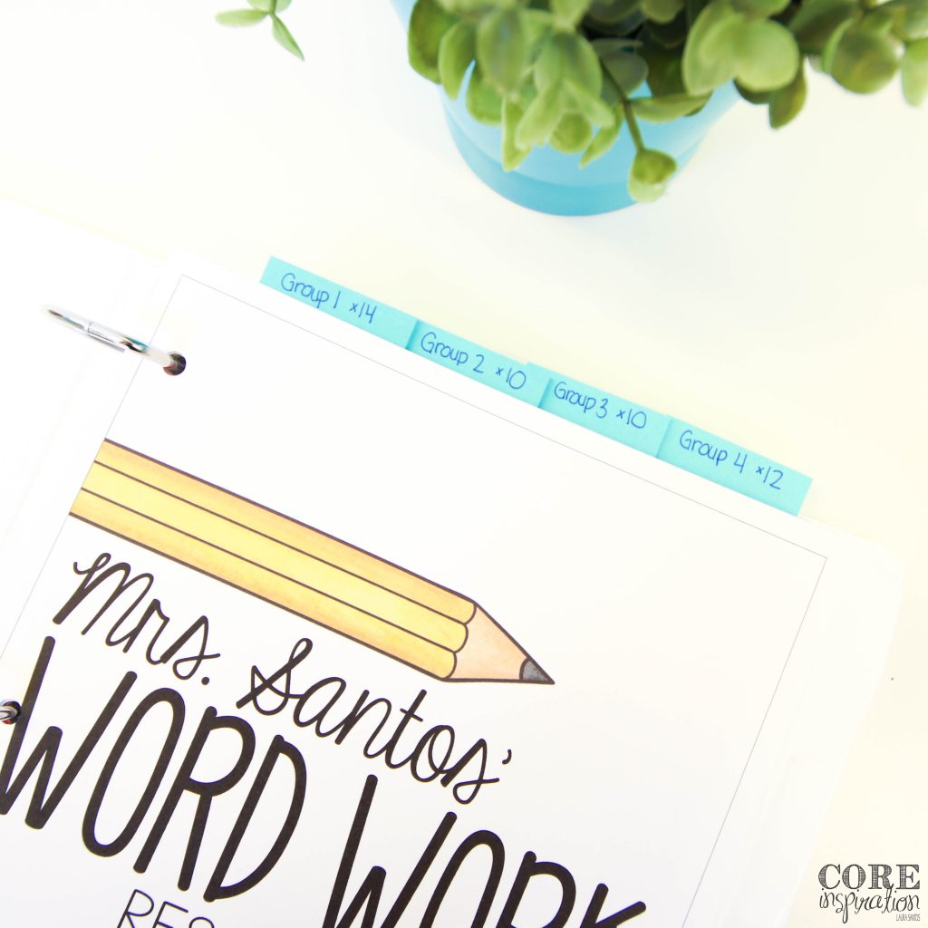 Sticky Notes marking pages of word work teacher binder