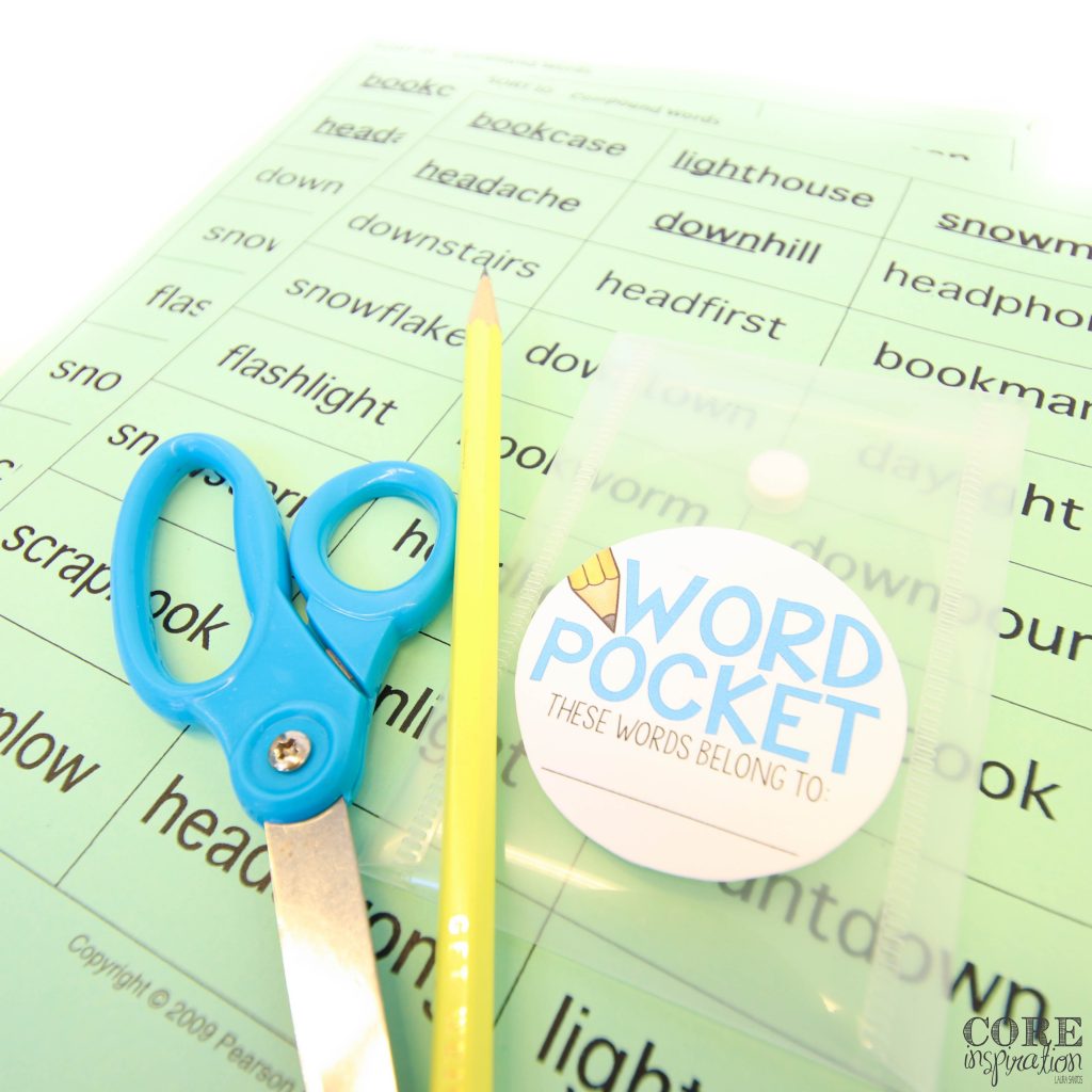 Two Words Their Way sorts with student supplies including scissors, pencil, and word pocket