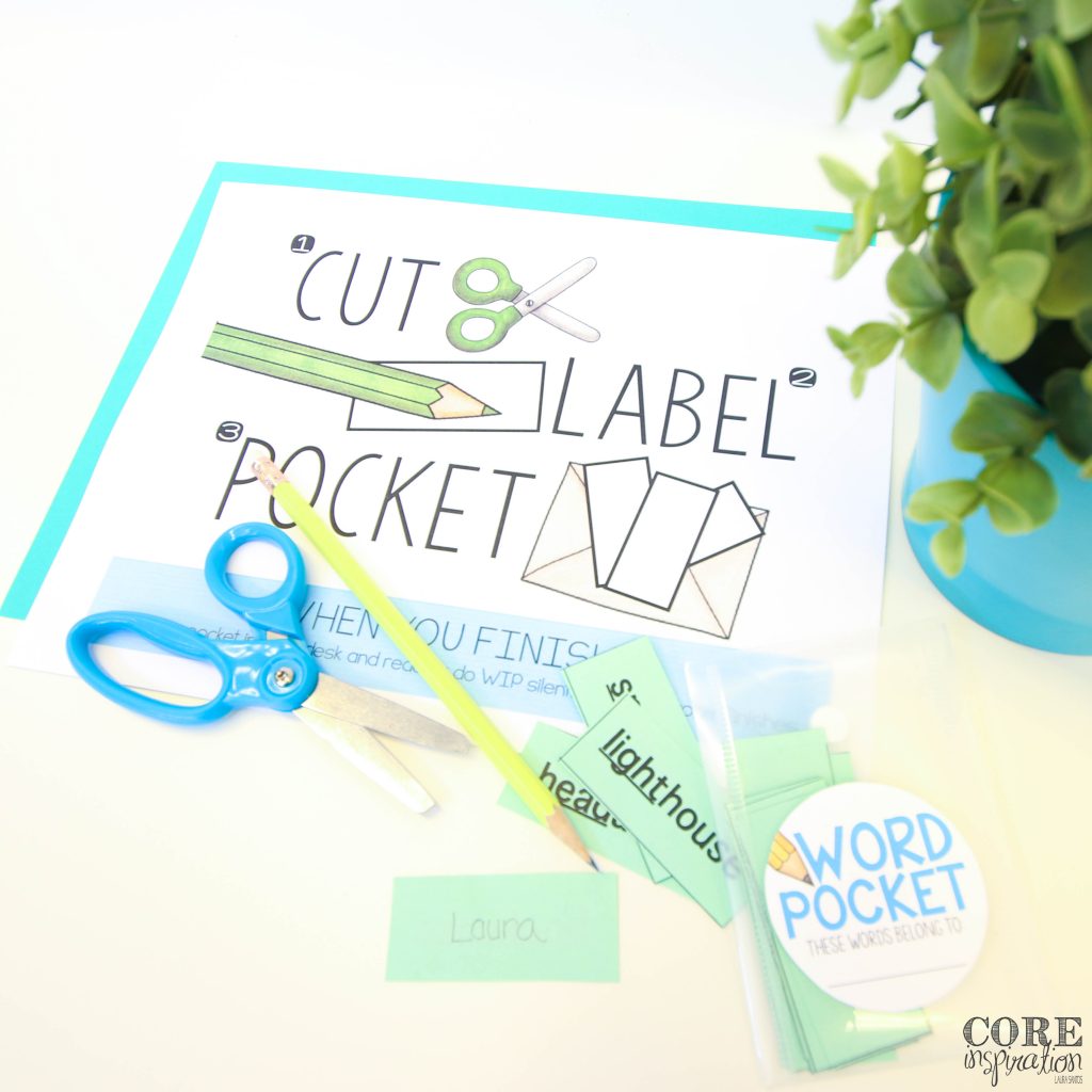 Cut, label, pocket Words Their Way activities with scissors, cut words, pencil, and word pocket. Words Their way sort cards next to word pocket. 