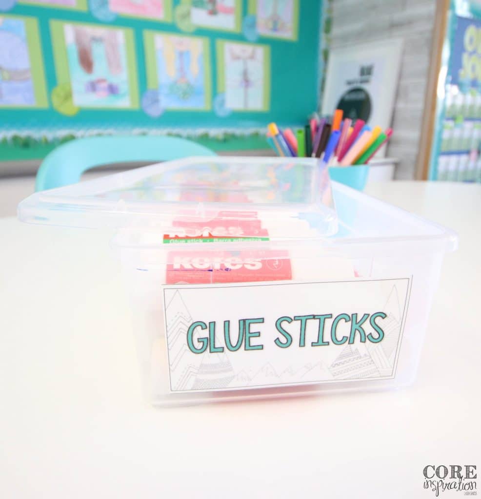 Clear shoe box sitting on classroom table. Perfect for keeping smaller supplies like glue sticks organized and clean.