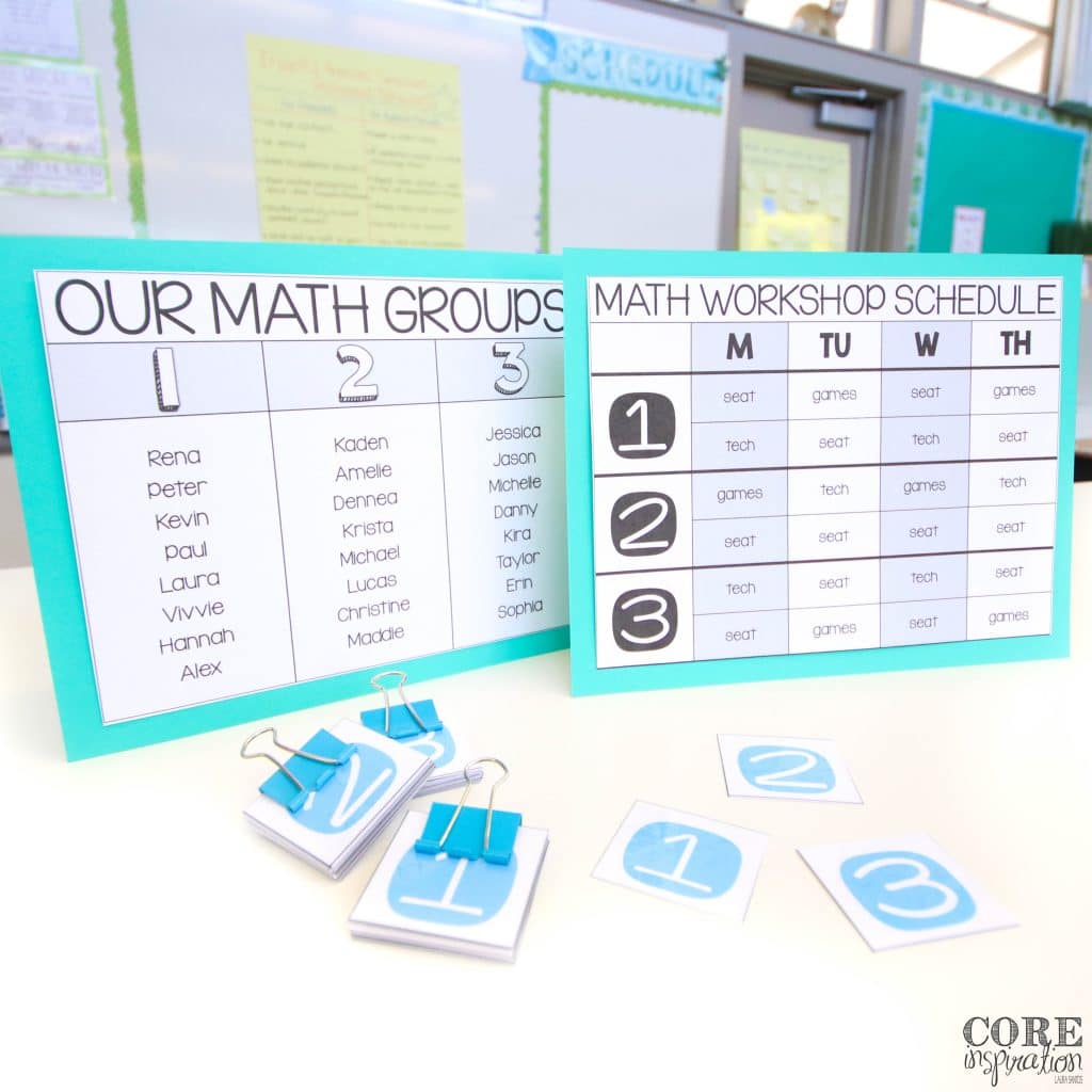 Math workshop group number assignment cards in front of weekly rotation schedule