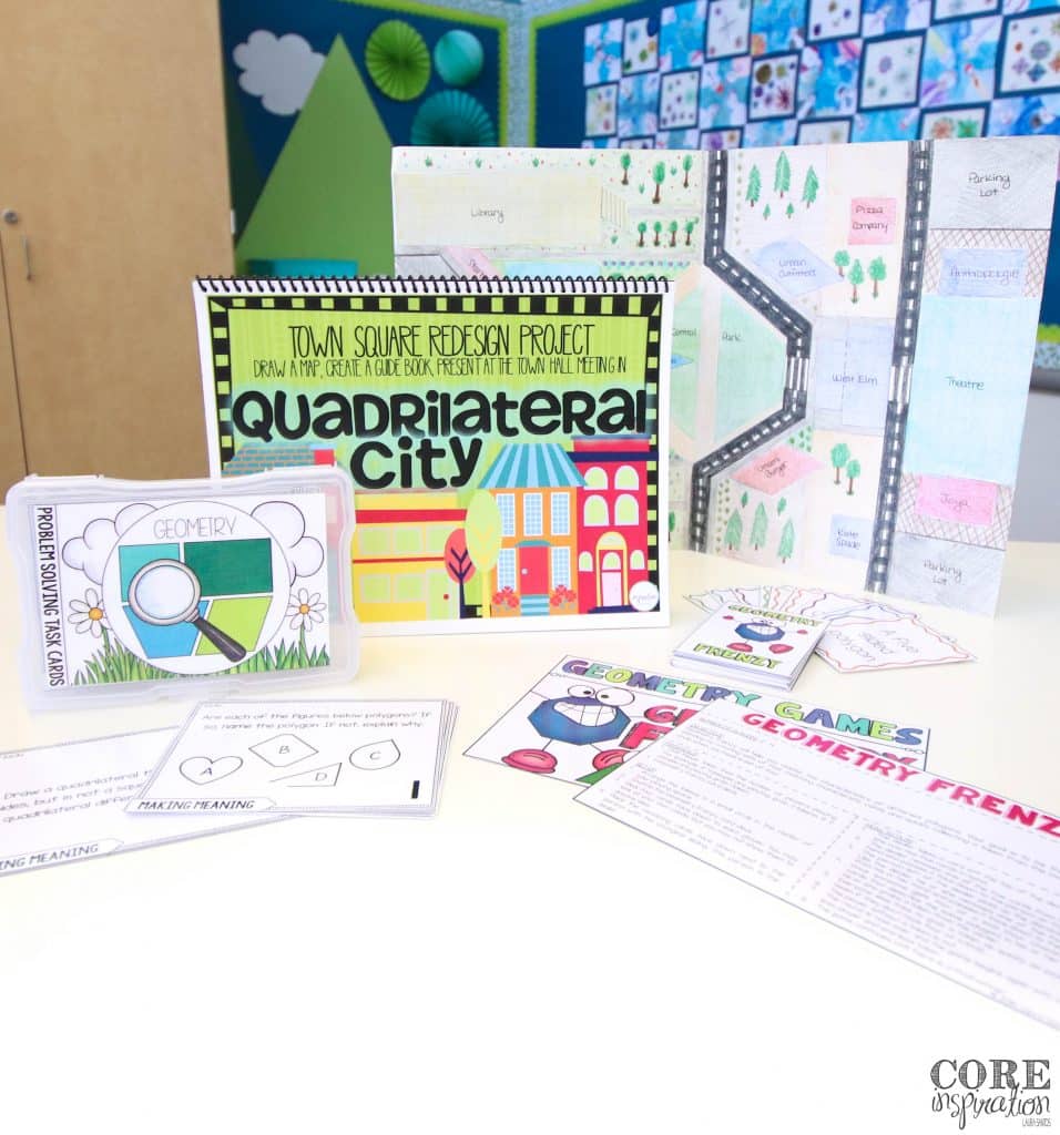 All third grade geometry math workshop enrichment resources collected on table for display.
