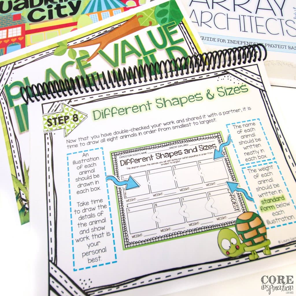 Core Inspiration project based learning guides laying on the desk with Place Value in the Wild project opened to an instruction page showing detailed visual and written instructions for students.