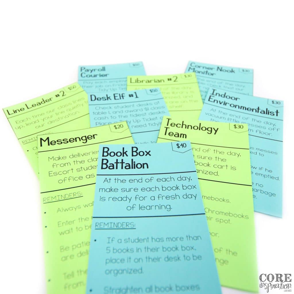 I can't get enough of the classroom job cards. They are so easy for students to read, tell how much the salary for each job is, and give students specific reminders for how to carry our the job with precision.