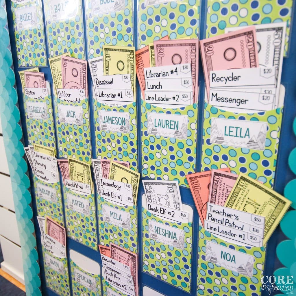 Every Monday morning, my third graders find their job pocket stuffed with class cash. They get paid a salary every week. One of our class jobs (Payroll Courier) is responsible for distributing the cash.