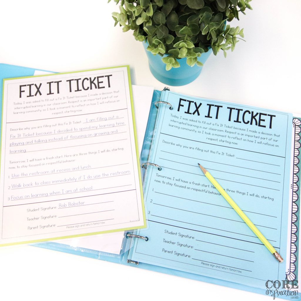 Core Inspiration Fix It Ticket sitting in blue binder on desk with the fix it ticket routine sheet and example laying next to it. Providing students with an example of how the fix it ticket should be complete helps them reflect more independently.
