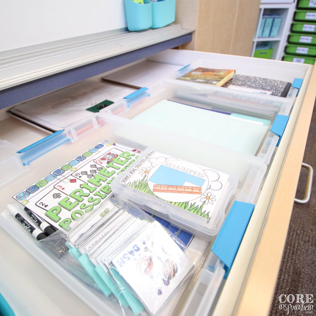 Unit bins organized inside teacher drawer making them easily accessible while teaching each unit.