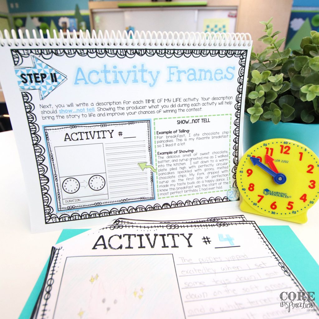 Core Inspiration project based learning student guide for telling time unit next to clock manipulative and student project pages.