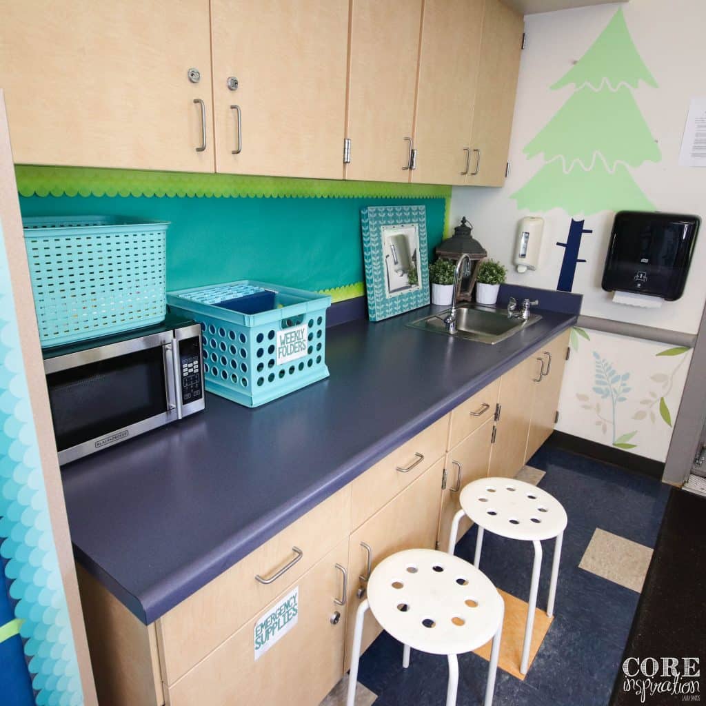 Low cost flexible seating option Ikea stools set up at classroom counter provides students a place to sit near a more open workspace.