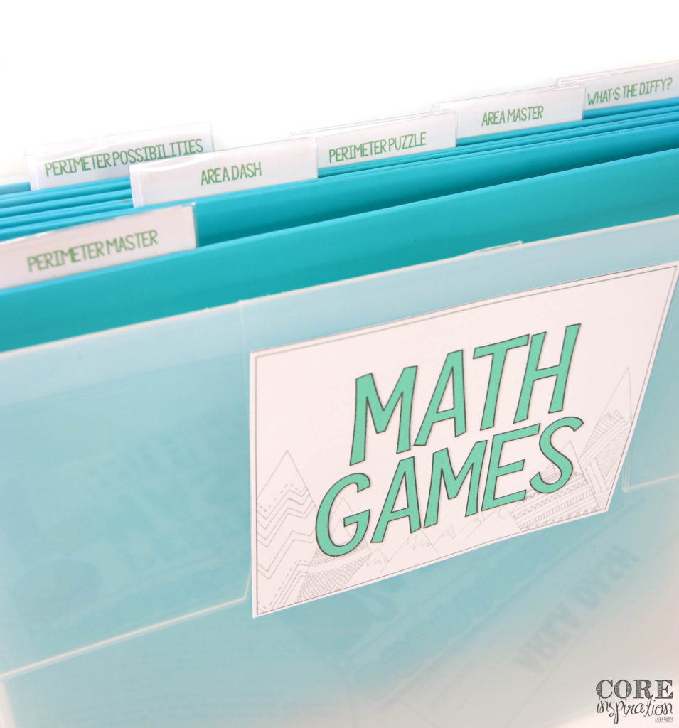 An aqua smaller file bin is a perfect place to store math games for one unit if you prefer not to store them in bins or binders. All the games for Core Inspiration's area and perimeter math game bundle are shown on labels in this photo.