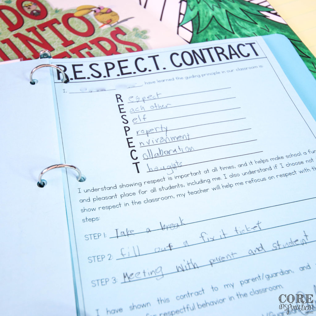 Core Inspiration's respect contract shows what each letter of the R.E.S.P.E.C.T. acronym stands for and what the consequences for neglecting to show respect will be. This contract clearly communicates classroom expectations to parents and guardians.