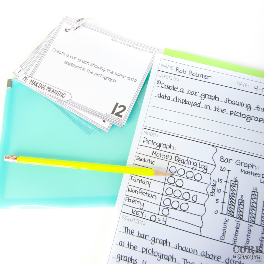 Core Inspiration data and graphing problem solving task cards are cut, hole-punched, and placed on a binder ring that can be tucked into a small plastic bag or plastic reusable envelope for safe keeping. This helps task cards last from year to year without being damaged.