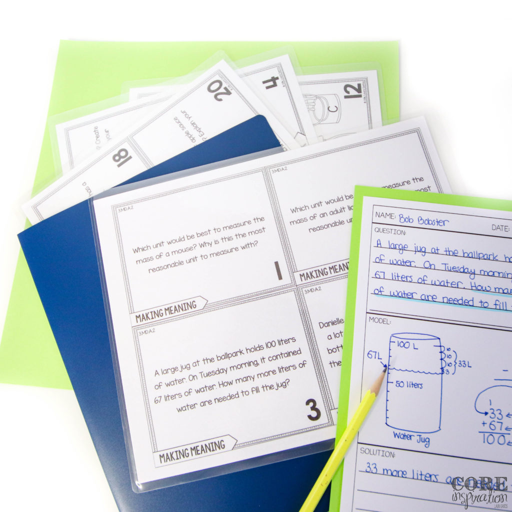 Core Inspiration word problem solving tasks laminated and stored in a plastic folder that students can easily grab, take to their seat, and start solving problems without delay during math workshop