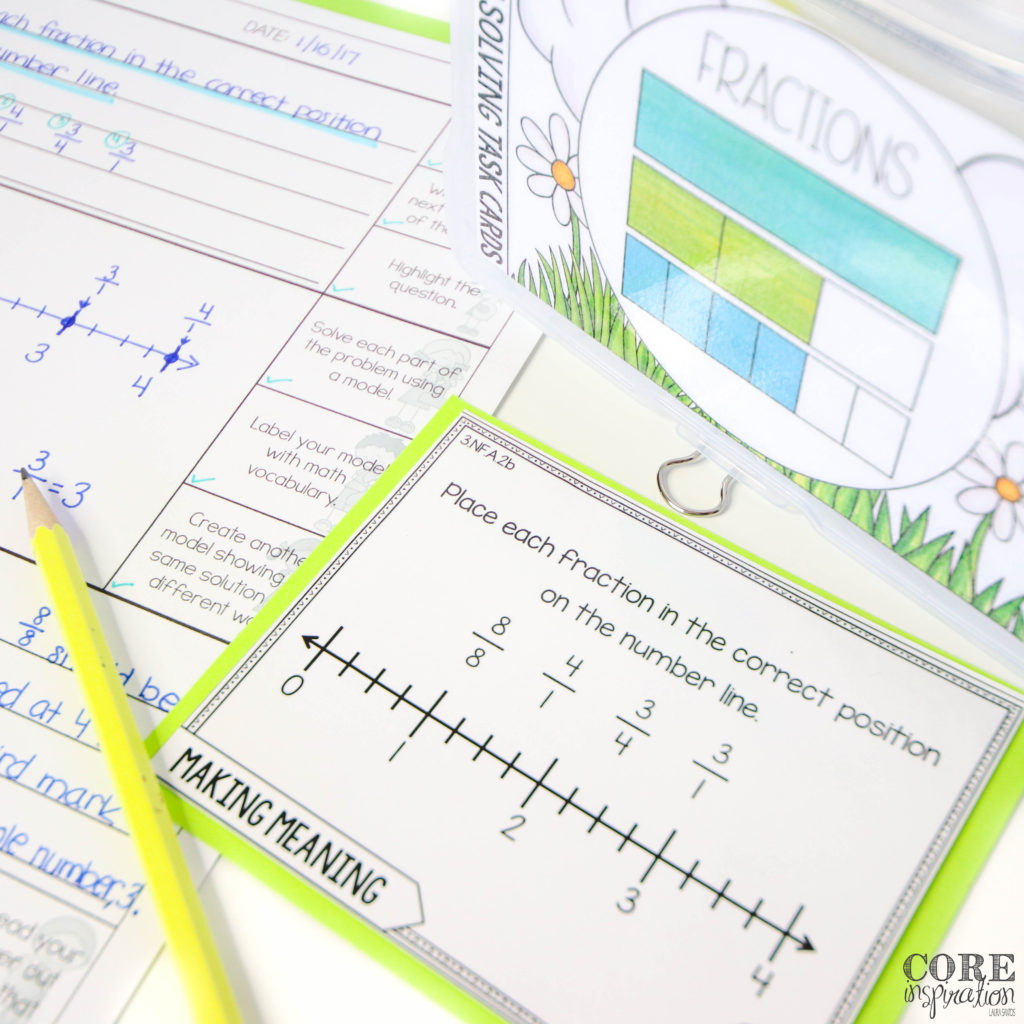 Core Inspiration fraction word problem solving task card next to storage box with fractions label and word problem solving recording sheet with specific problem solving steps.