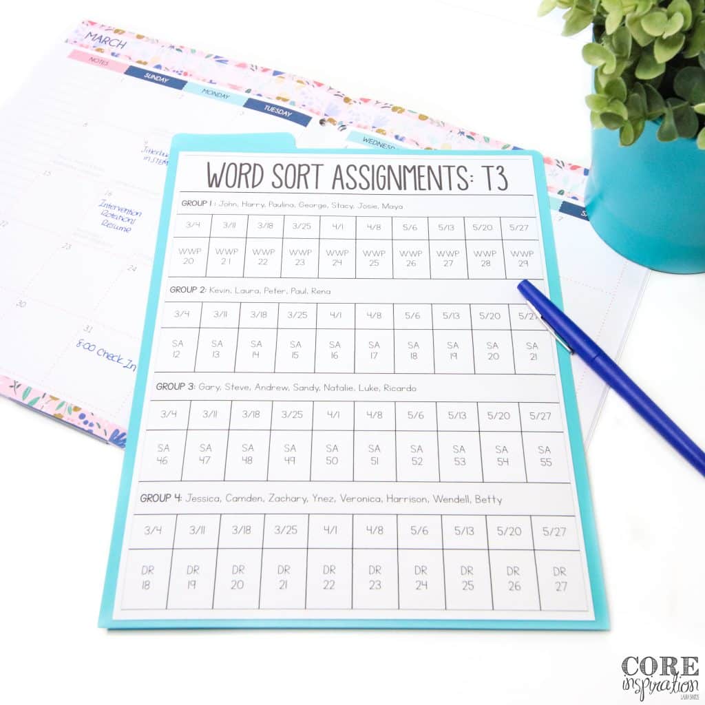Core Inspiration Differentiated word work sort assignments printable laying on top of paper calendar.