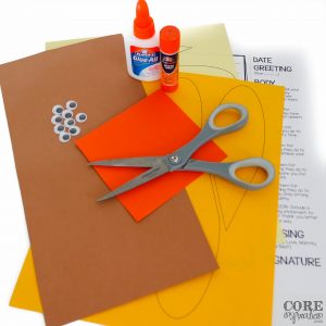 Supplies needed for letters of thanks craftivity - construction paoer, glue, scissors, googley eyes