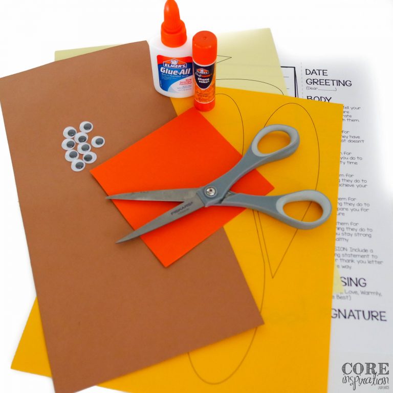 Supplies needed for letters of thanks craftivity - construction paoer, glue, scissors, googley eyes