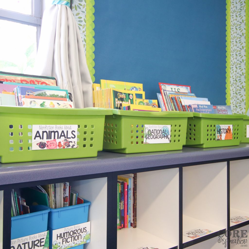 Target RE bins with Core Inspiration colorful image-rich classroom library labels