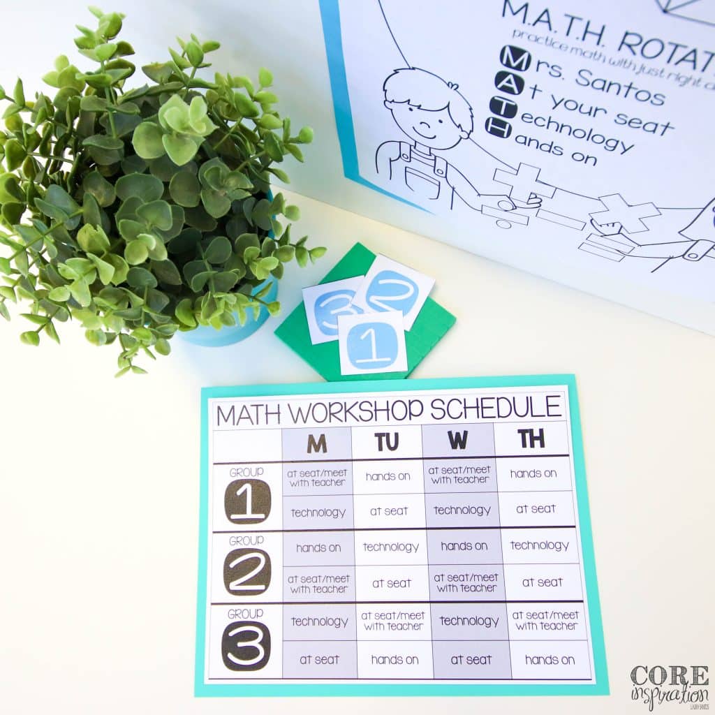 Core Inspiration's Math Workshop schedule showing how three differentiated groups will rotate through their assigned math stations each day of the week. 