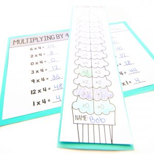 Core Inspiration fact fluency reflection sheet next to fluency tracker bookmark and fact fluency quiz