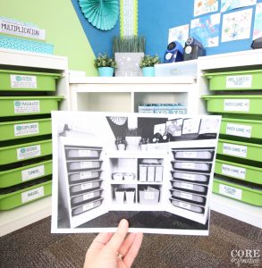 Photo of student supply area to show how the area should be organized at the end of the day. Easy tip for getting students involved in keeping the classroom organized each day.
