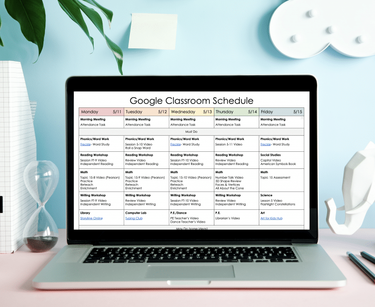 Google Classroom Distance Learning Schedule shown on laptop screen on desk