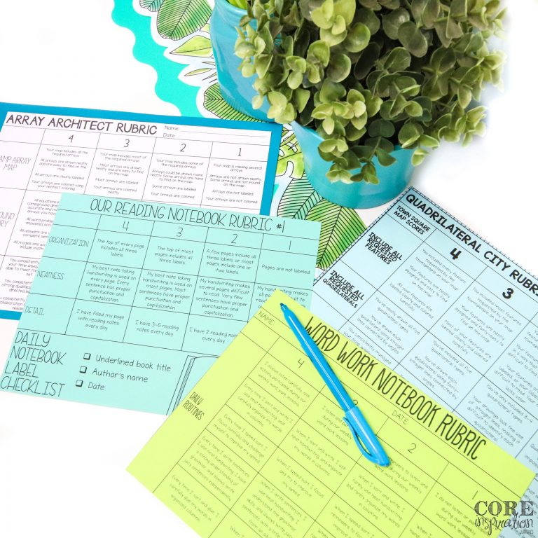Rubrics for various projects scattered on table top with highlighter laying on top of them.