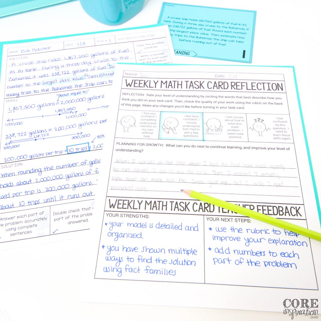 Core inspiration math workshop reflection rubric laying next to problem solving task card recording sheet.