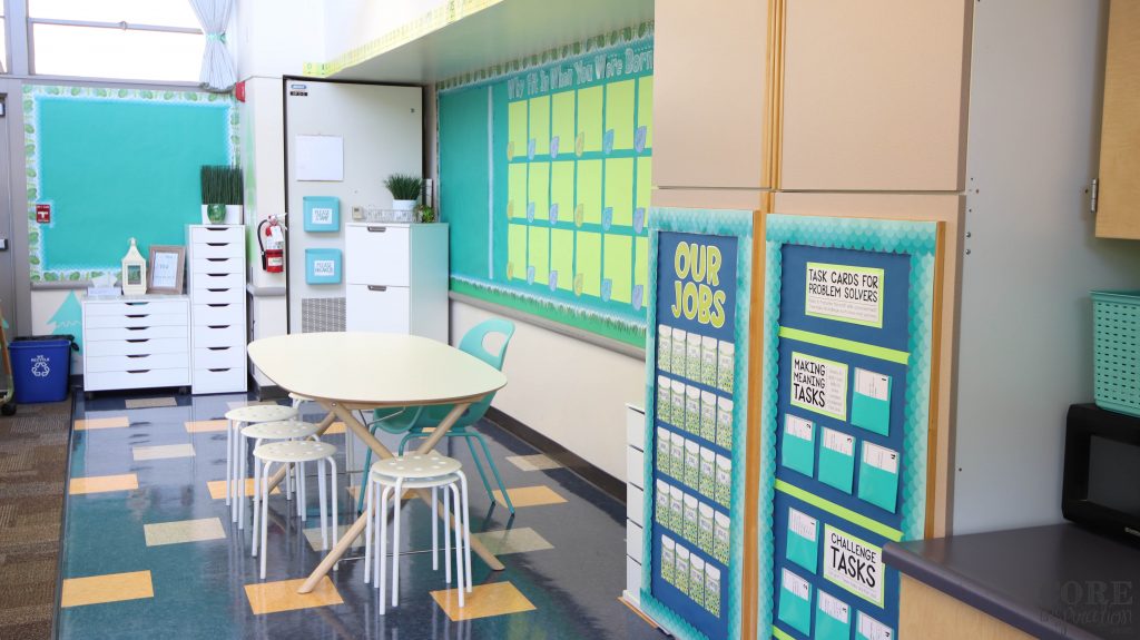 Back of the classroom with an open oval-shaped small group table