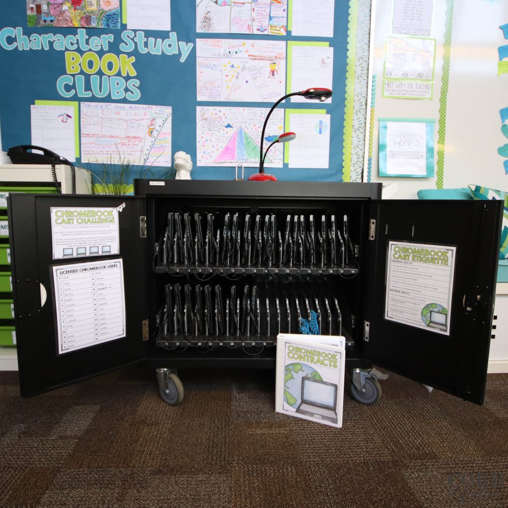 Chromebook cart organized and open for students to gather their technology tools throughout the day