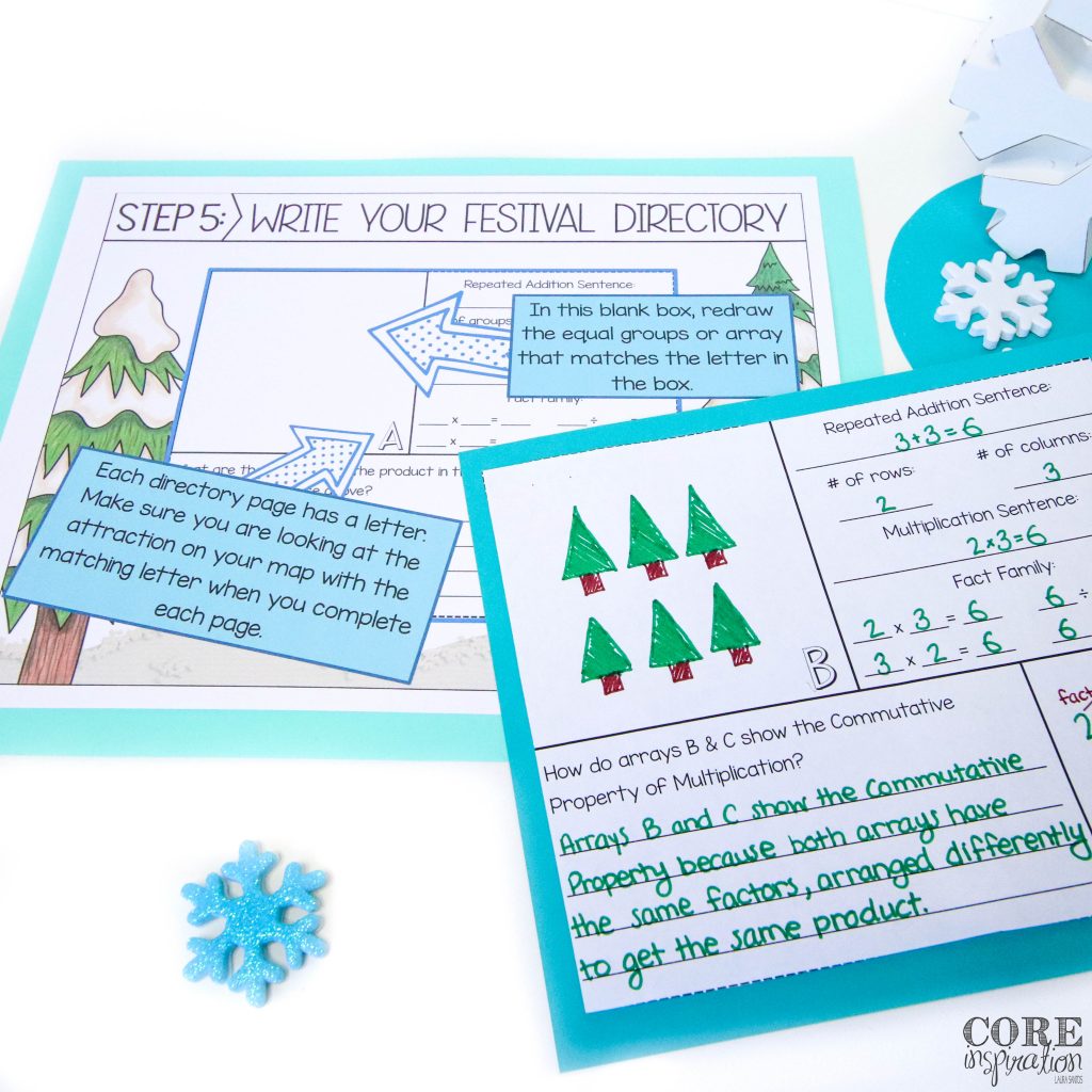 Core Inspiration Winter Wonderland Arrays and Multiplication Project guide next to completed directory page showing multiplication math reasoning